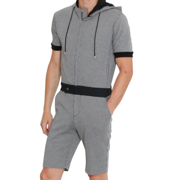 Mr. Turk Short Jumpsuit Men's Medium Black White Houndstooth Hooded Resort - Picture 1 of 9